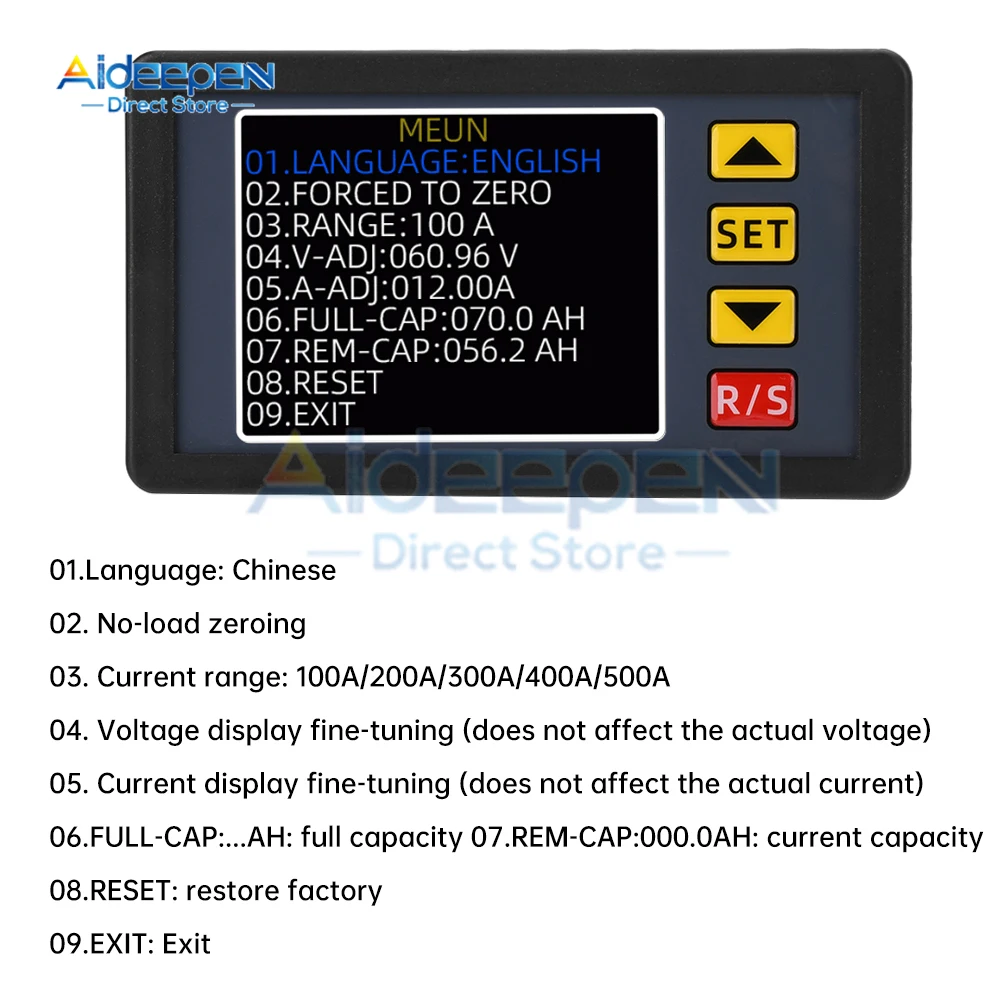 DC 7-200V Battery Tester Coulomb Counter Meter Battery Capacity Indicator Ammeter Voltmeter Battery Tester 100/200/300/400/500A