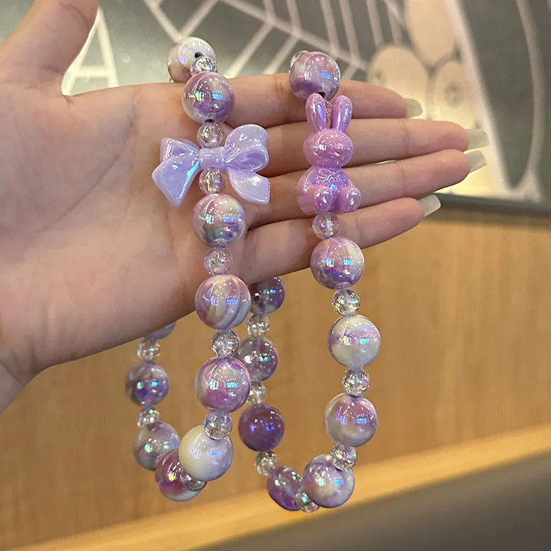 Phone Anti-lost Lanyard Key Short Wrist Pendant Colorful Macaron Bowknot And Round Bead Pendant Women\'s Hand-held Chain Mobile P