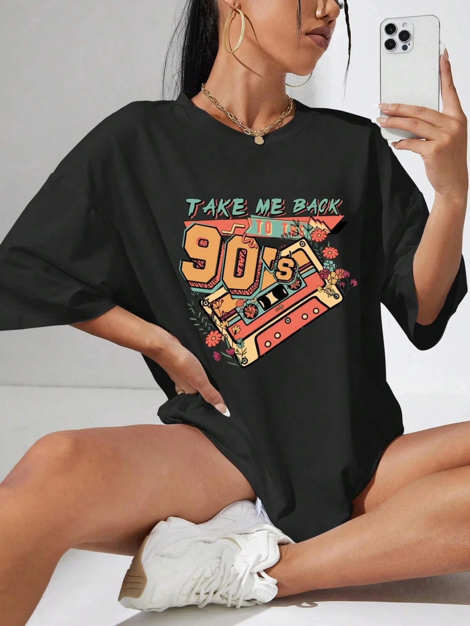 Kaos Wanita Motif Tahun 90-an, Dapat Dicuci dengan Mesin, Kaos Vintage, Streetwear Fashion, Atasan Lembut, Desain Klasik