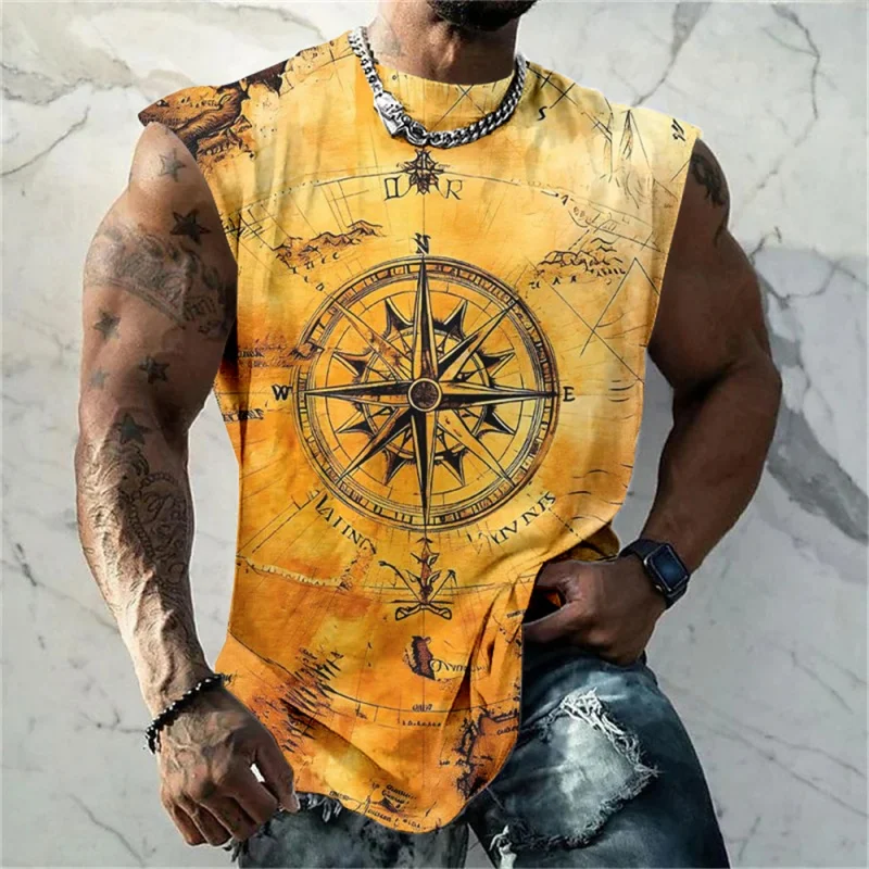 3D Printed Retro Compass Tank Tops For Men Navigation Ship Pattern Tees Summer Loose Sports Street Round Neck Vest Casual Tops