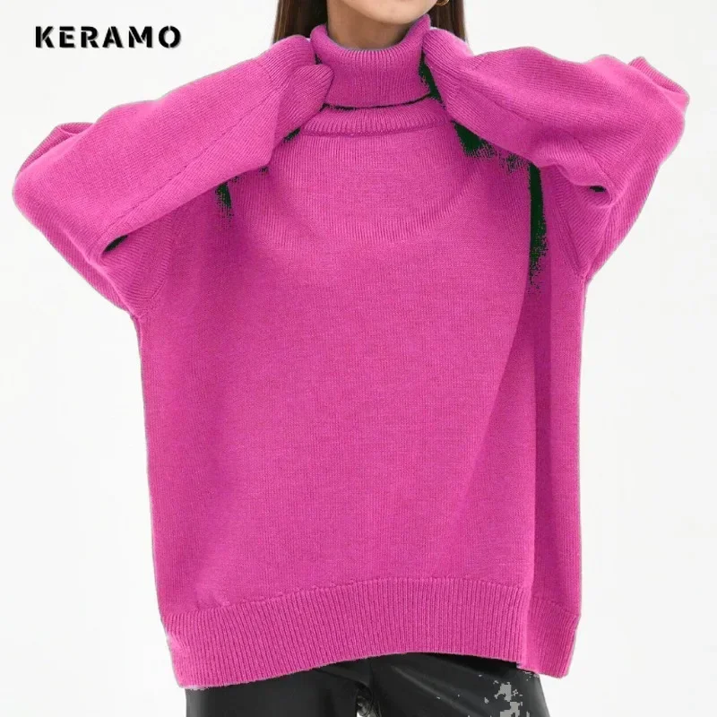 2024 Winter Elegant Turtleneck Knitting Long Sleeve Pullovers Women Solid Color Loose Chic Ladies Basics Sweater Pure Top