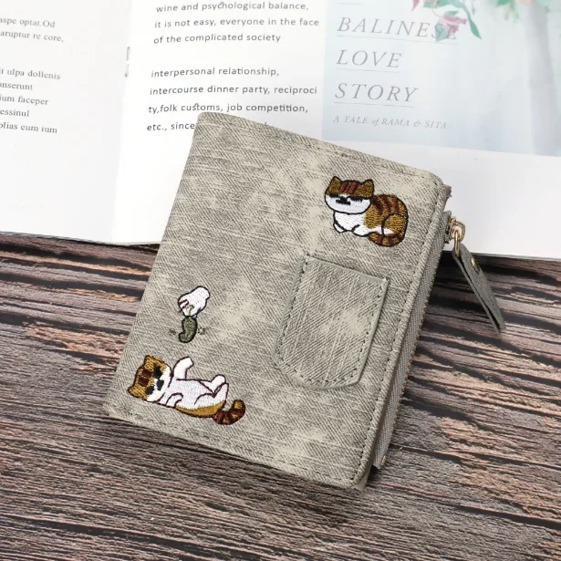 Jeans Style Women Short Wallets Cat Embroidered Canvas Clutch Large Capacity Buckle Fashion Coin Purse Women Handbags