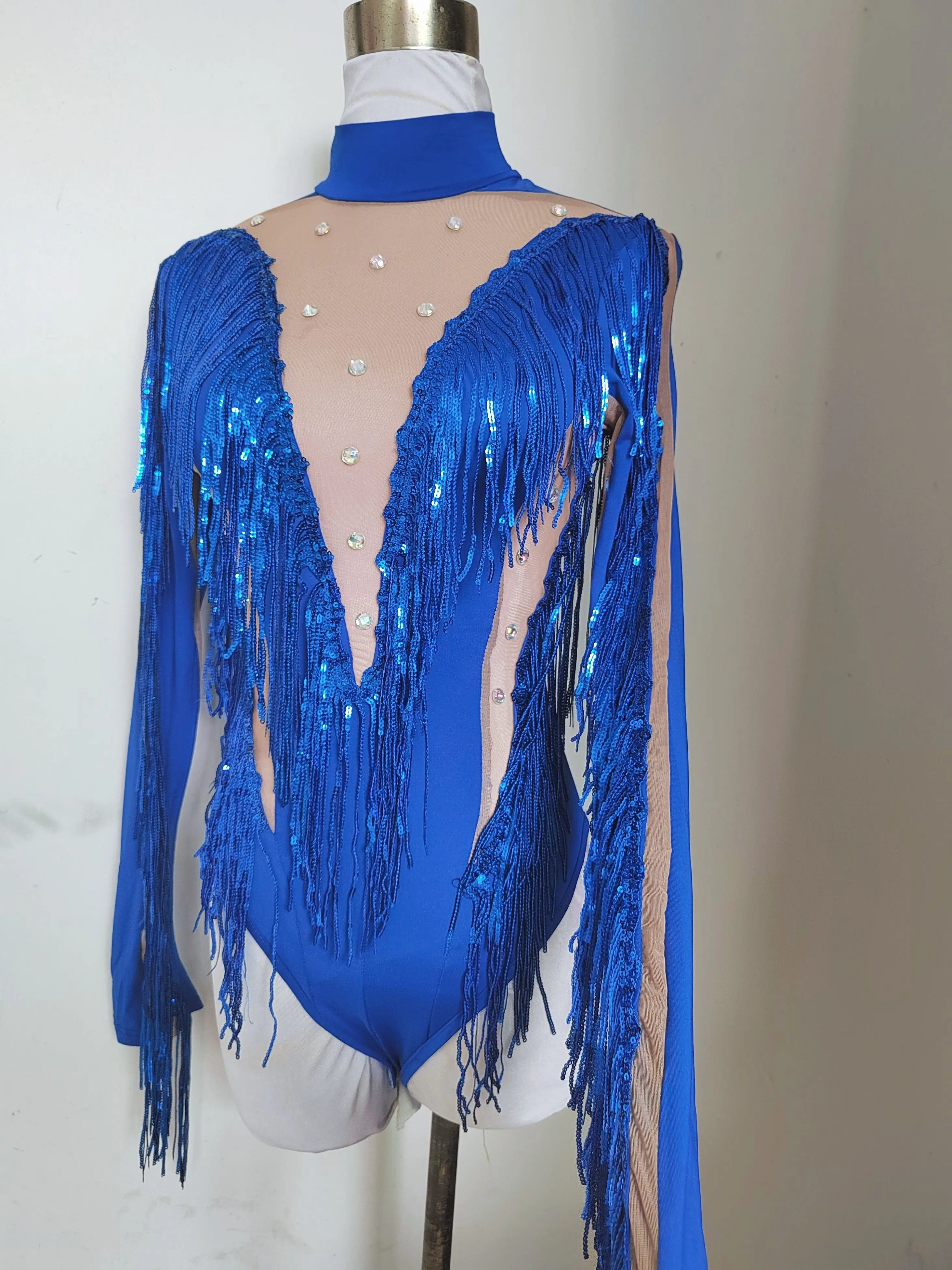 

Nightclub Bar Paty Show Outfit Women Blue Tassel Gogo Dancer Bodysuit Festival Rave Wear Sequin Stage Performance Costume