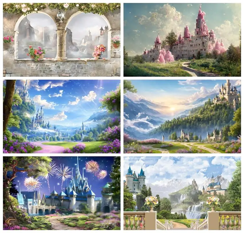 

Laeacco Fantasy Garden Backdrop Fairy Tale European Castle Wonderland Forest Sweet Princess Kids Portrait Photography Background