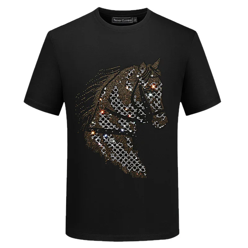 

Plus Size Horse Rhinestones T Shirts Men Top Fashion Streetwear O Neck Short Sleeve Slim Mercerized Cotton Tshirts Mens Clothing