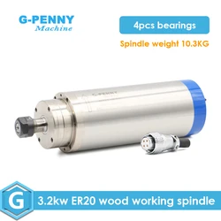 3.2kw ER20 Water-cooled spindle 4 PCS bearings 24000rpm 400Hz Diameter=100mm engraving spindle for woodworking machine