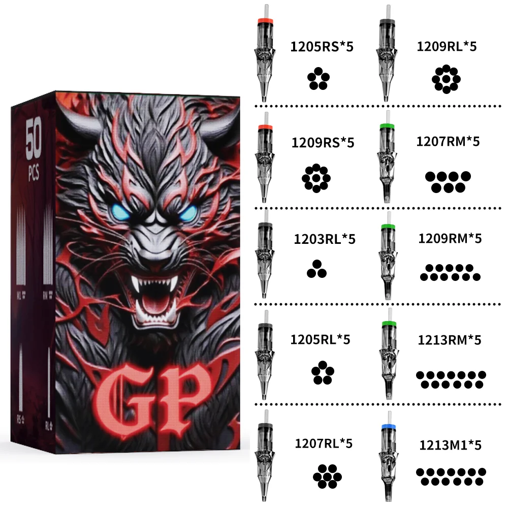 

Иглы для татуировки Gold Plume, 50 одноразовых игл разных размеров (RL, RS, RM, M1), с защитным колпачком. Необходимые принадлежности для начинающих и профессиональных тату-мастеров.