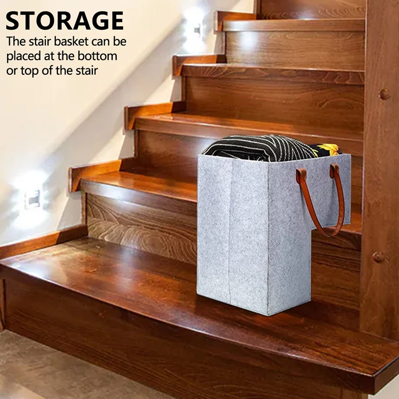 

Rog-eyStair Basket with Leather Handles Internal Support for 16 Inch Carpeted Stairs Organizer Felt Collapsible Basket