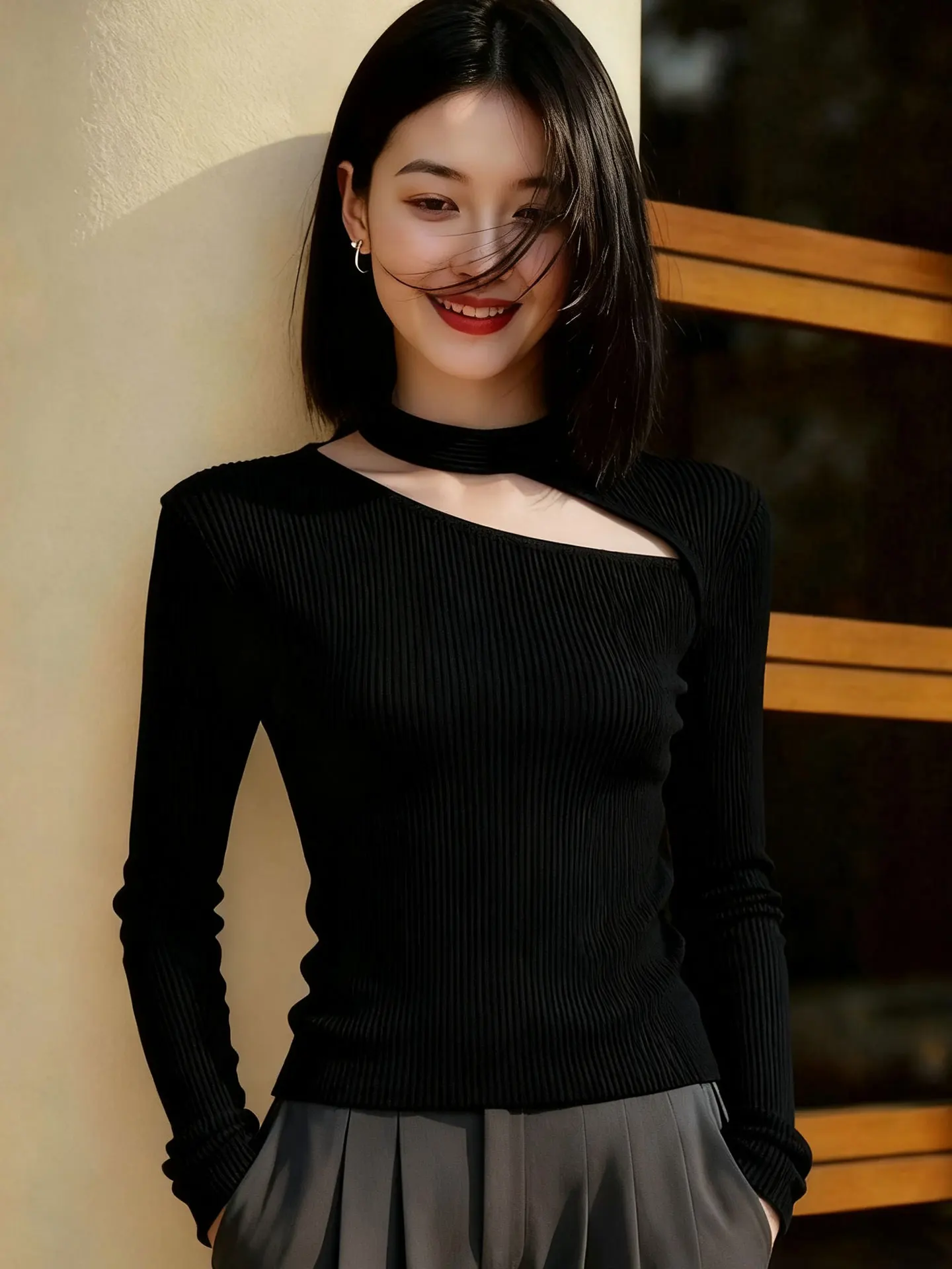 

Elegant Black Knitted Base Shirt Women's Fashion Autumn Winter Hollow out Neck Design Slim Fit Long Sleeve City Walk Top