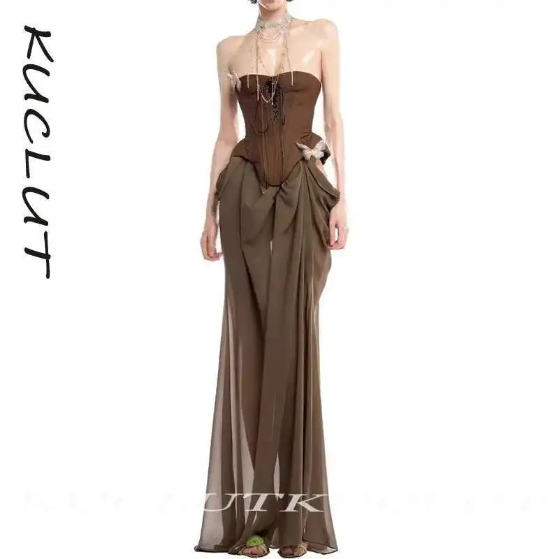 

KUCLUT Fashion Women's Niche Strapless Fishbone Back Zipper Dress Slimming Fit Elegant Design Mesh Patchwork Dresses Female K432