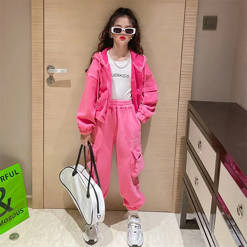 Winter Teenage Girls Clothing Set fleece Thinck Warm Hooded Outerwear+Sport pants 2Pcs Casual kids School suit Children Outfits