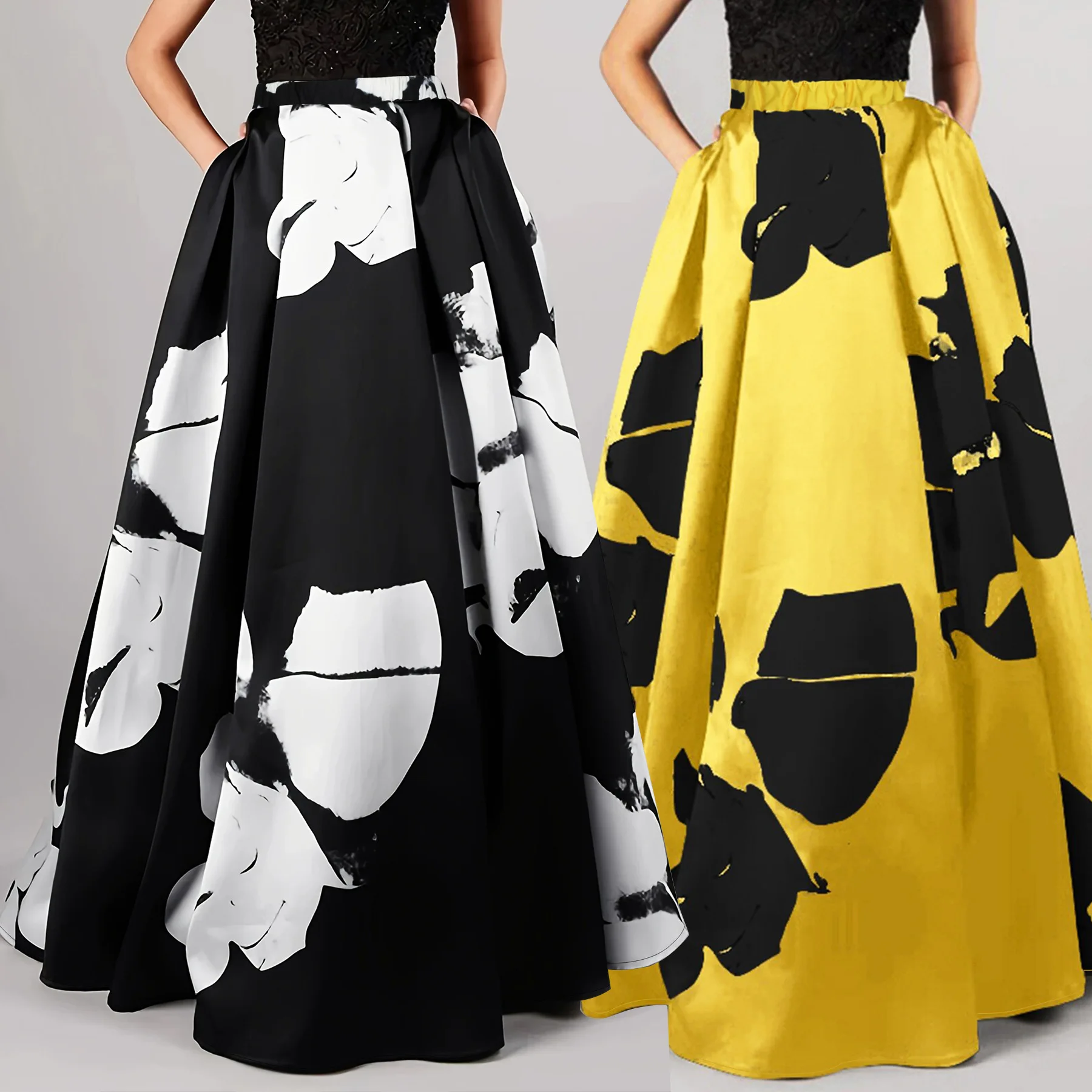 

Floor Length Skirts Women High Waist Print Skirt Spliced Loose Fit Slight Srech 2025 Casual Autumn Vestidos Pockets A Line