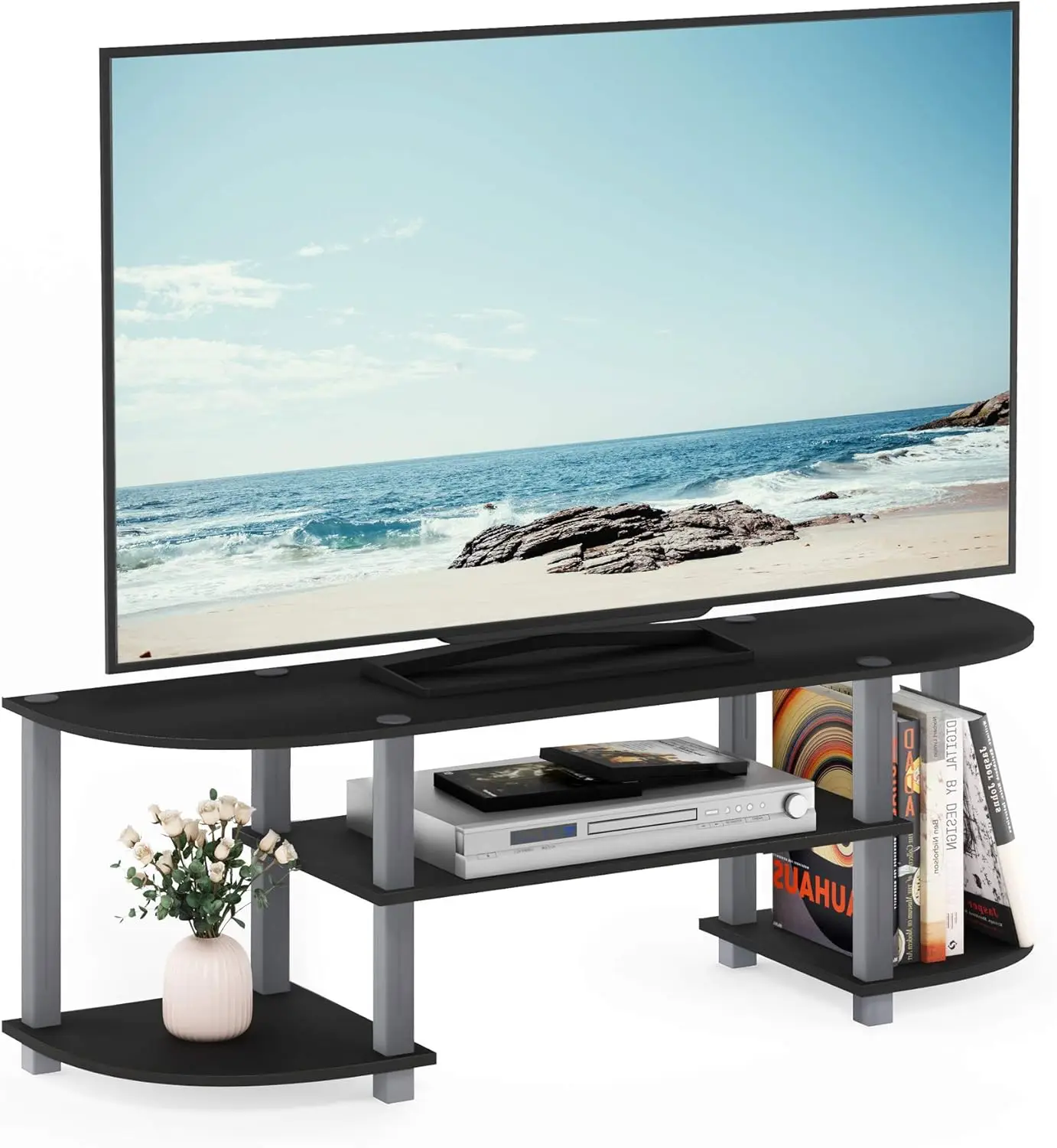 

Wide TV Entertainment Center with Turn-S-Tube Design in Black/Grey, Perfect for Living Room Storage