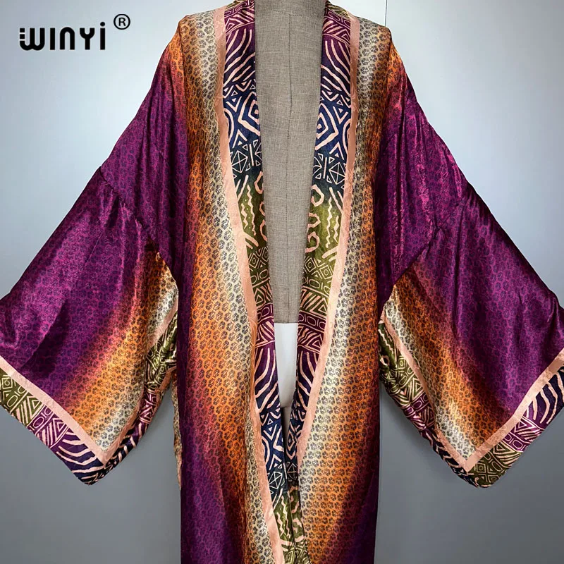WINYI Afrika Boho Allmählicher Druck Kimono langes Kleid für Frau Strickjacken Strand Outfits Kaftan Strand Cover Up Partykleid Maxirantel