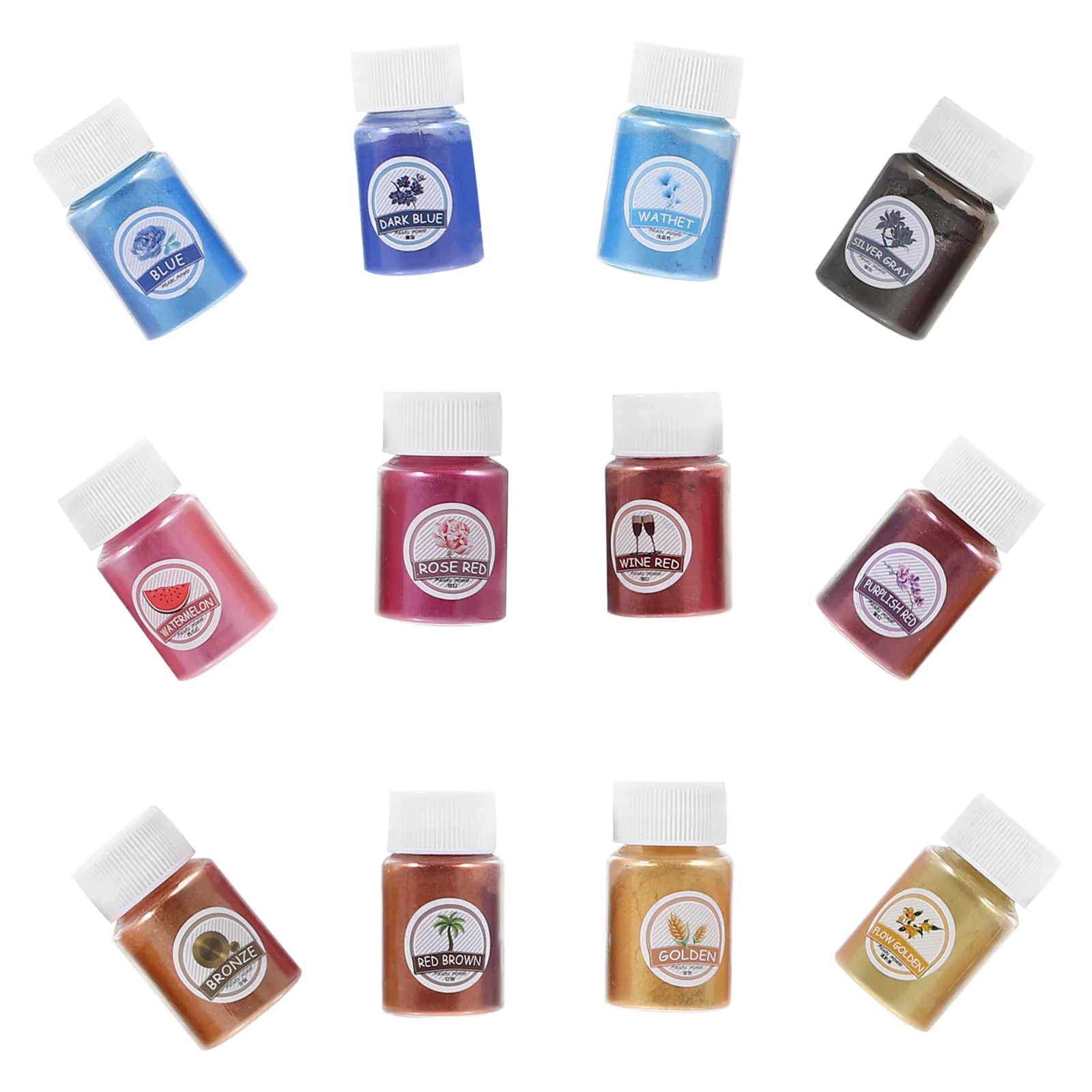 

Набор из 12 флаконов: Многофункциональный цветной пигмент из слюды с мелким гранулированием для декоративного блеска, эффекта сияния, для работы с смолой, нейл-арта и росписи.