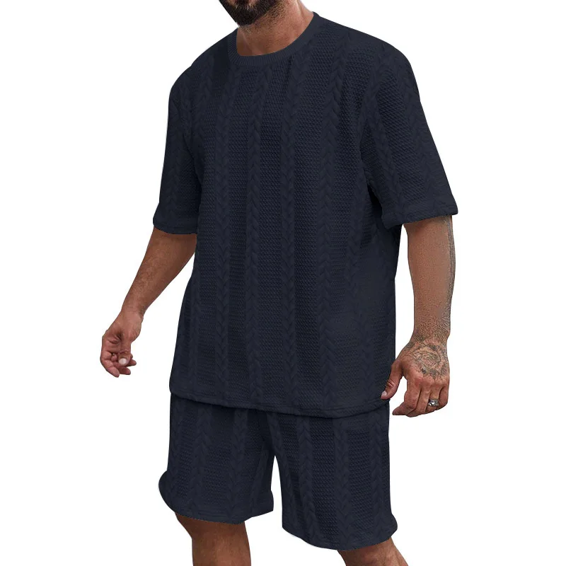 

European and American new men's summer solid color twist jacquard casual short-sleeved shorts set