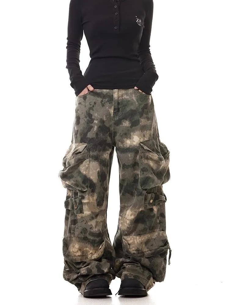 Men and Women Street Loose Wide-Leg Workwear Trousers Fashionable American Style Retro Multi-Pocket Camouflage Pants
