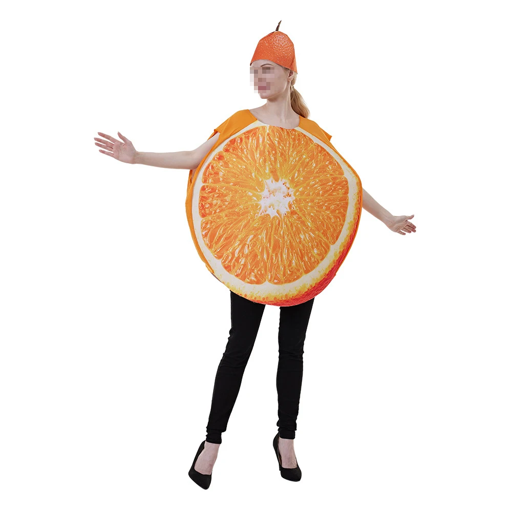 Women Halloween Party Funny Cosplay Fruit Slice Costume Food Cos Orange Sleeveless Printed Mini Vest with Hat Carnival Outfit