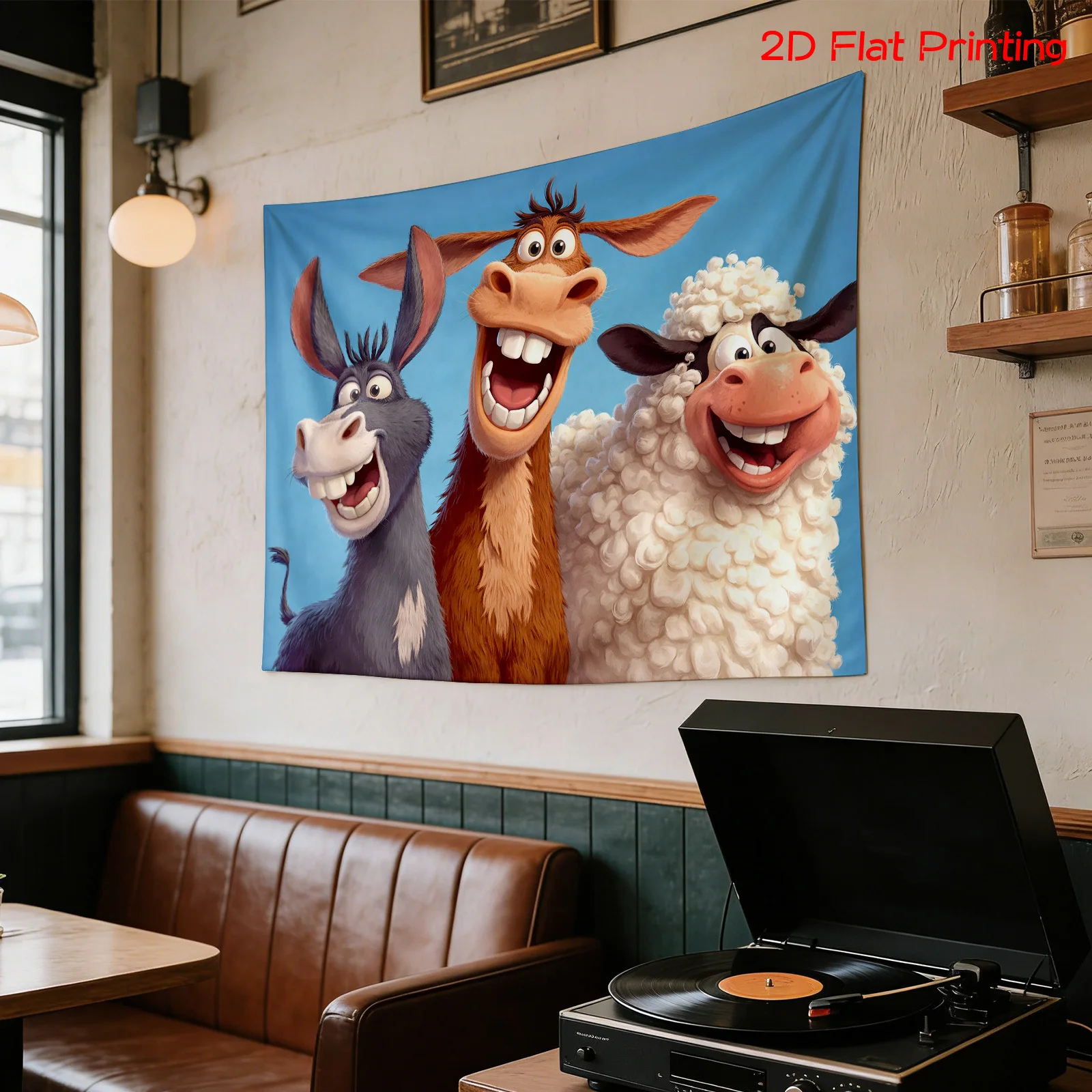 Funny Farm Animals Tapestry, Donkey Horse Sheep Laughing Wall Hanging, Cute Cartoon Room Decor suitable for use in offices bars
