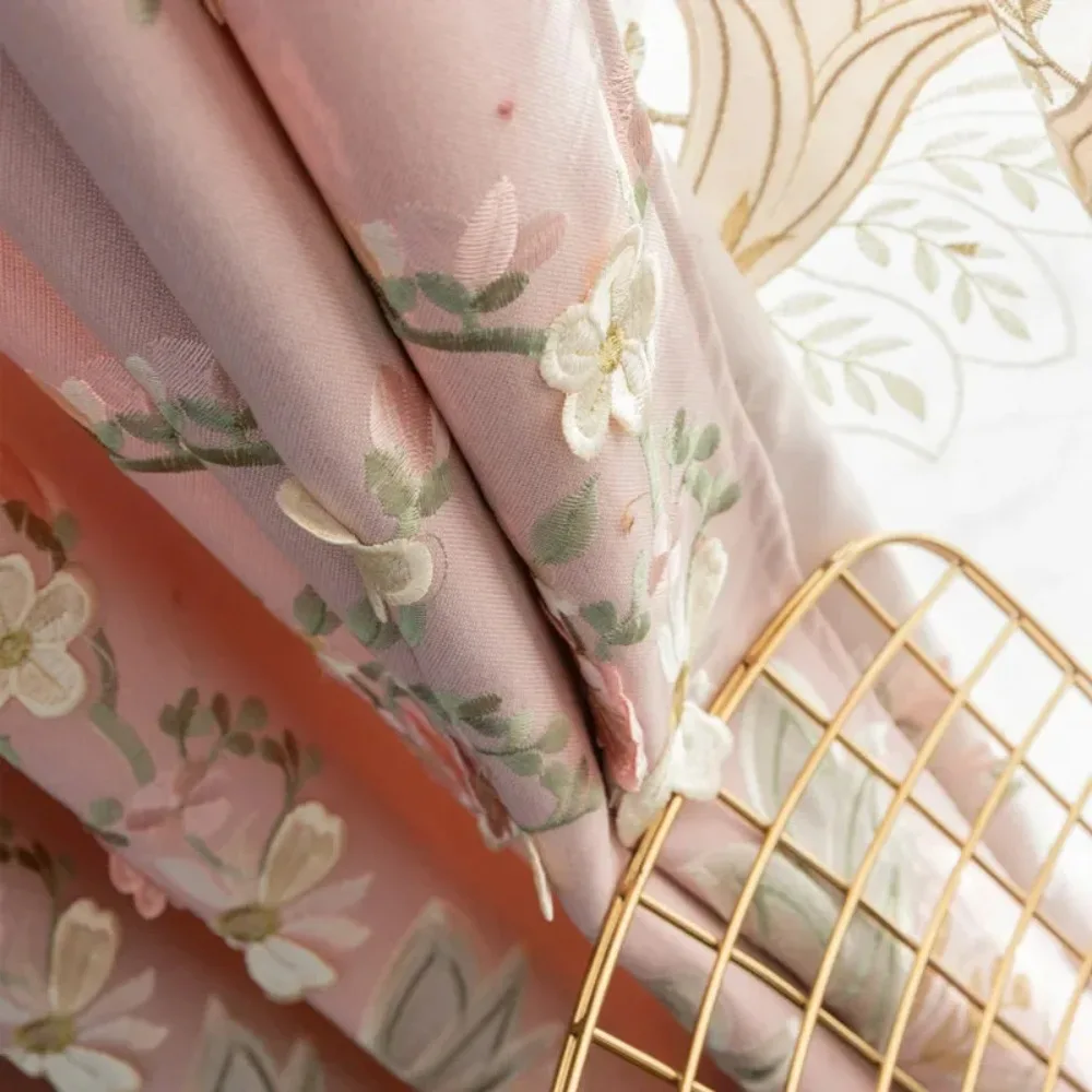 

Modern living room pink cotton linen embossed embroidered curtain fabric girls' room bedroom drift window blackout curtains