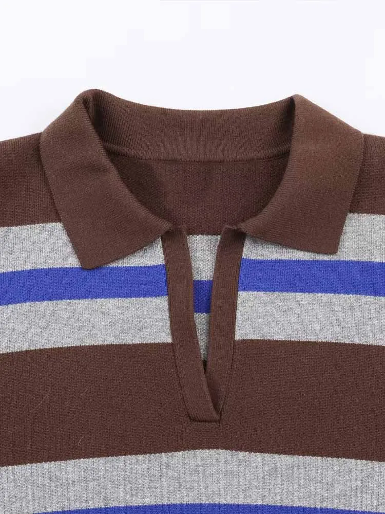 유럽 및 미국 스타일 여성 겨울 신상 패션 심플한 리브드 트림 스트라이프 폴로 칼라 니트 스웨터