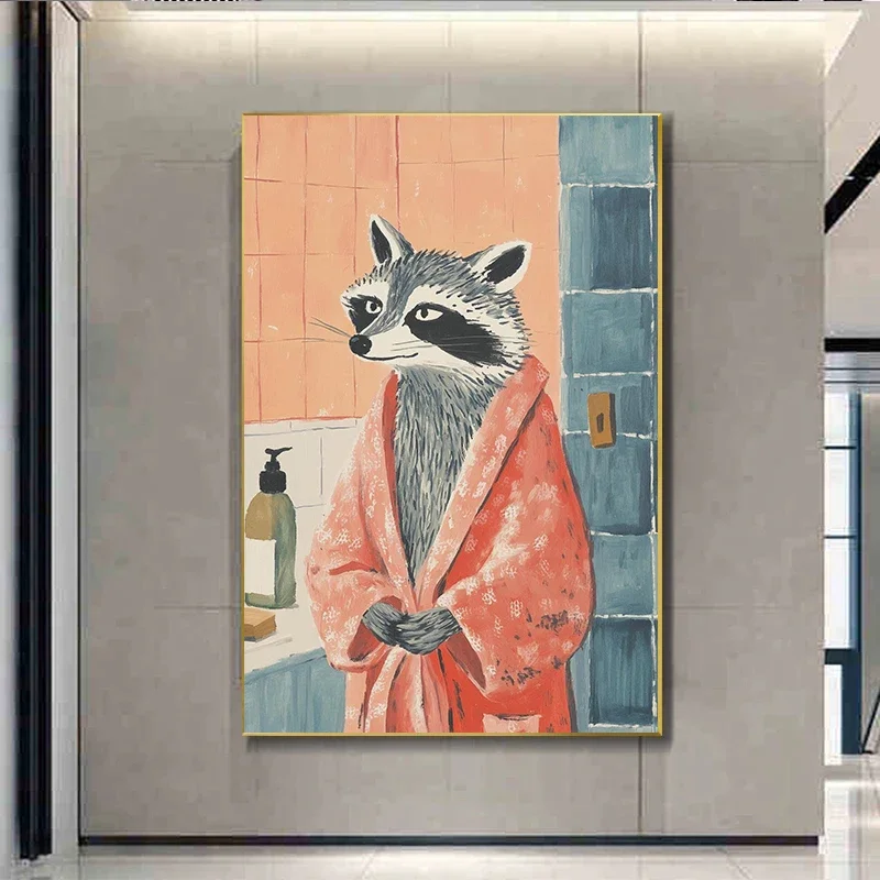 Pintura en lienzo de mapache bonito en la bañera, carteles, imágenes artísticas divertidas de animales para el baño, decoración de pared para el baño