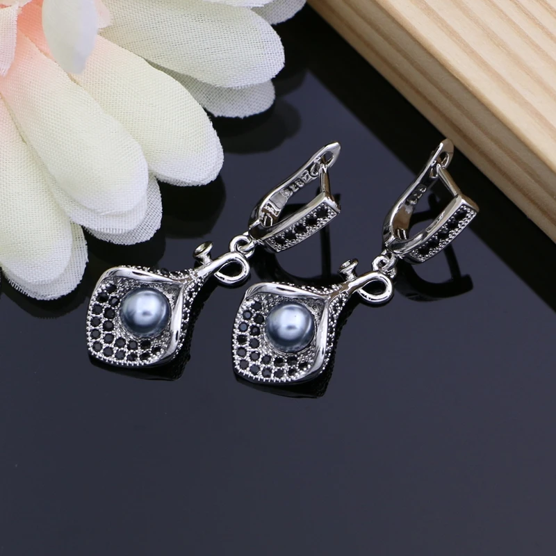 horn Flower Silver 925 Bridal Jewelry Sets Black Pearl Zircon For Women Wedding Pendant Drop Earrings Open Rings Necklace Set