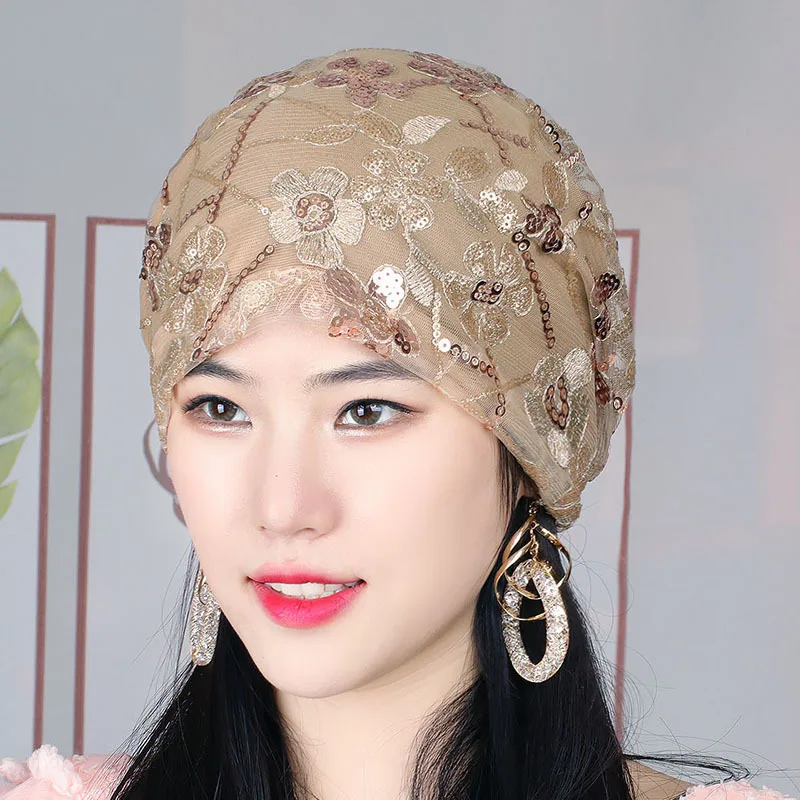 Spring Summer Women Sequins Lace Turban Hat Muslim Headdress Islamic Female Head Scarf Lady Breathable Hair Loss Beanie