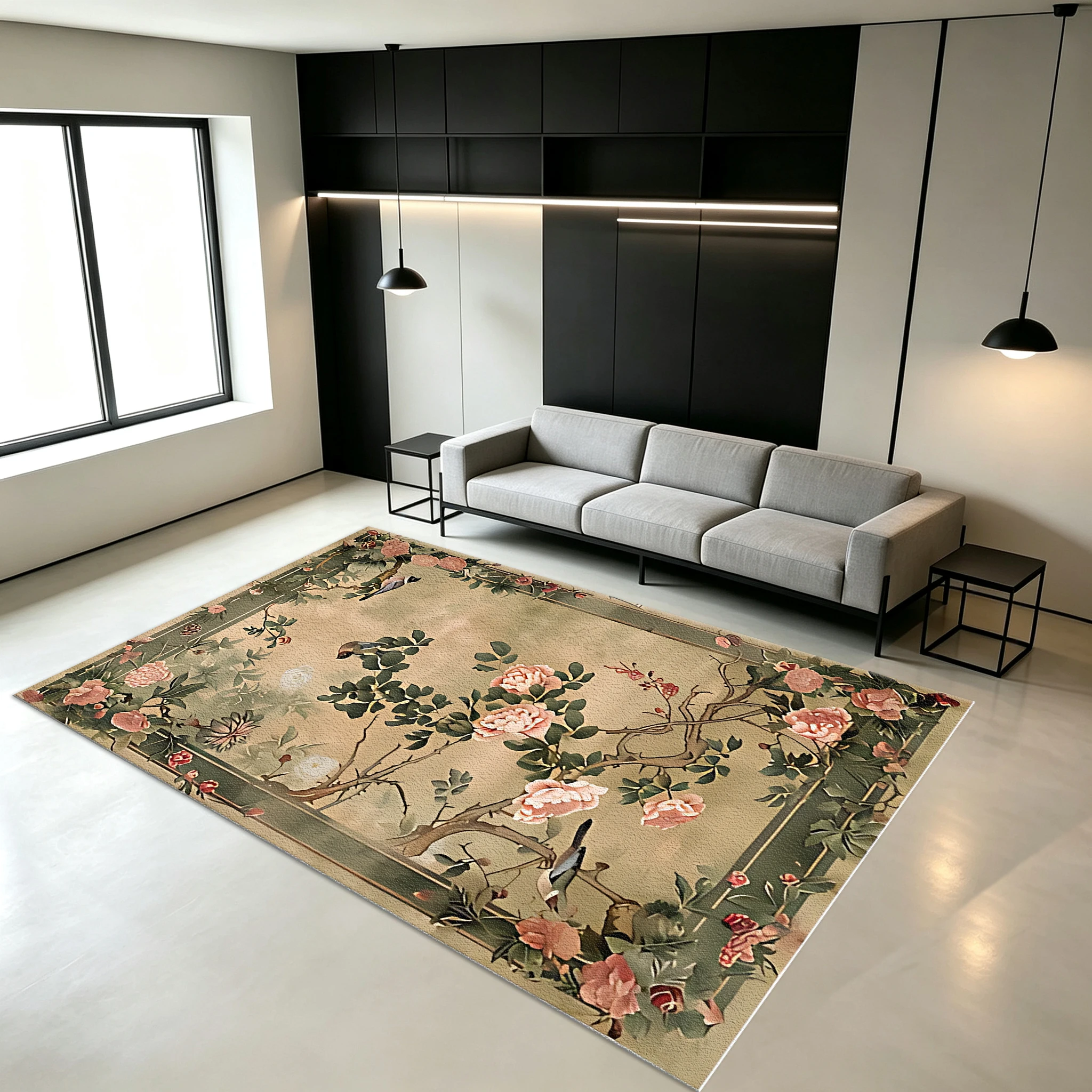 Vintage Chinese Style Peony Flower Bird Garden Carpet Floor Non-Slip Retro Art Carpet Suitable for Living Room Bedroom Home Decor