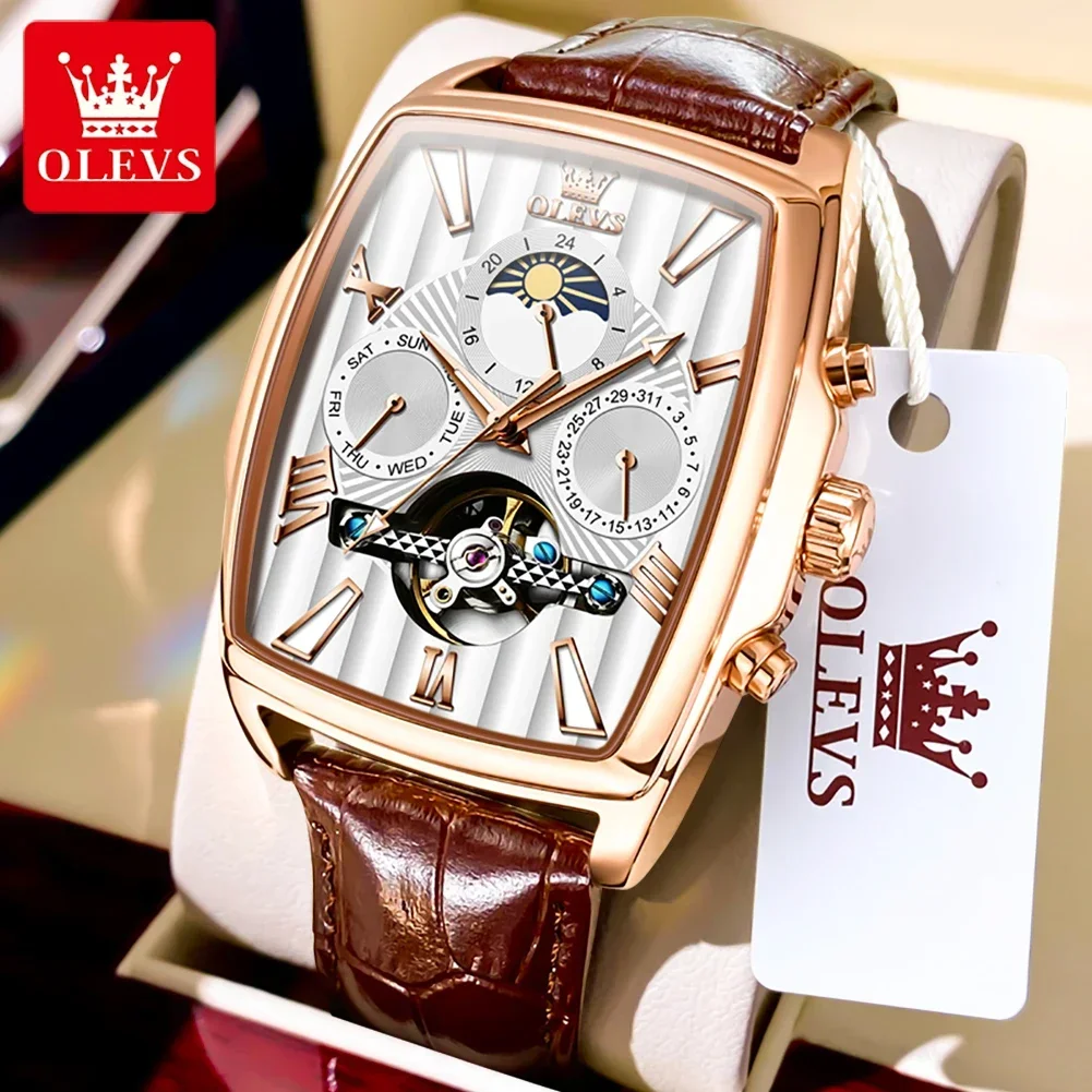 OLEVS-reloj mecánico automático para hombre, pulsera con correa de cuero Original, esfera cuadrada con fecha, resistente al agua, luminoso, Masculino