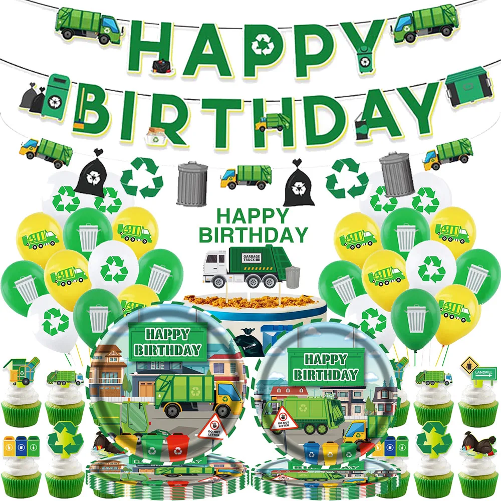 Müllwagen Geburtstag Party Supplies Geschirr Set Teller Tasse Serviette Banner Ballon Recycling Müllwagen Baby Shower Supplies – Detail 1