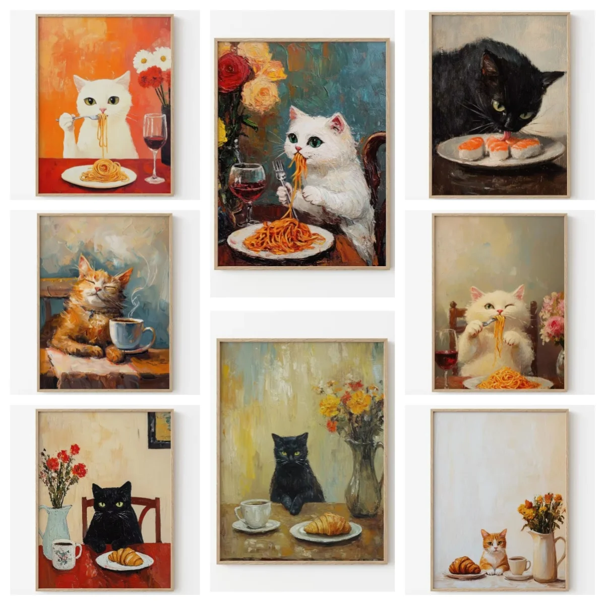 French-Style Whimsical Cat Eating Spaghetti Art Poster Cute Animal Croissant Sushi Coffee Frameless Canvas Print Home Café De
