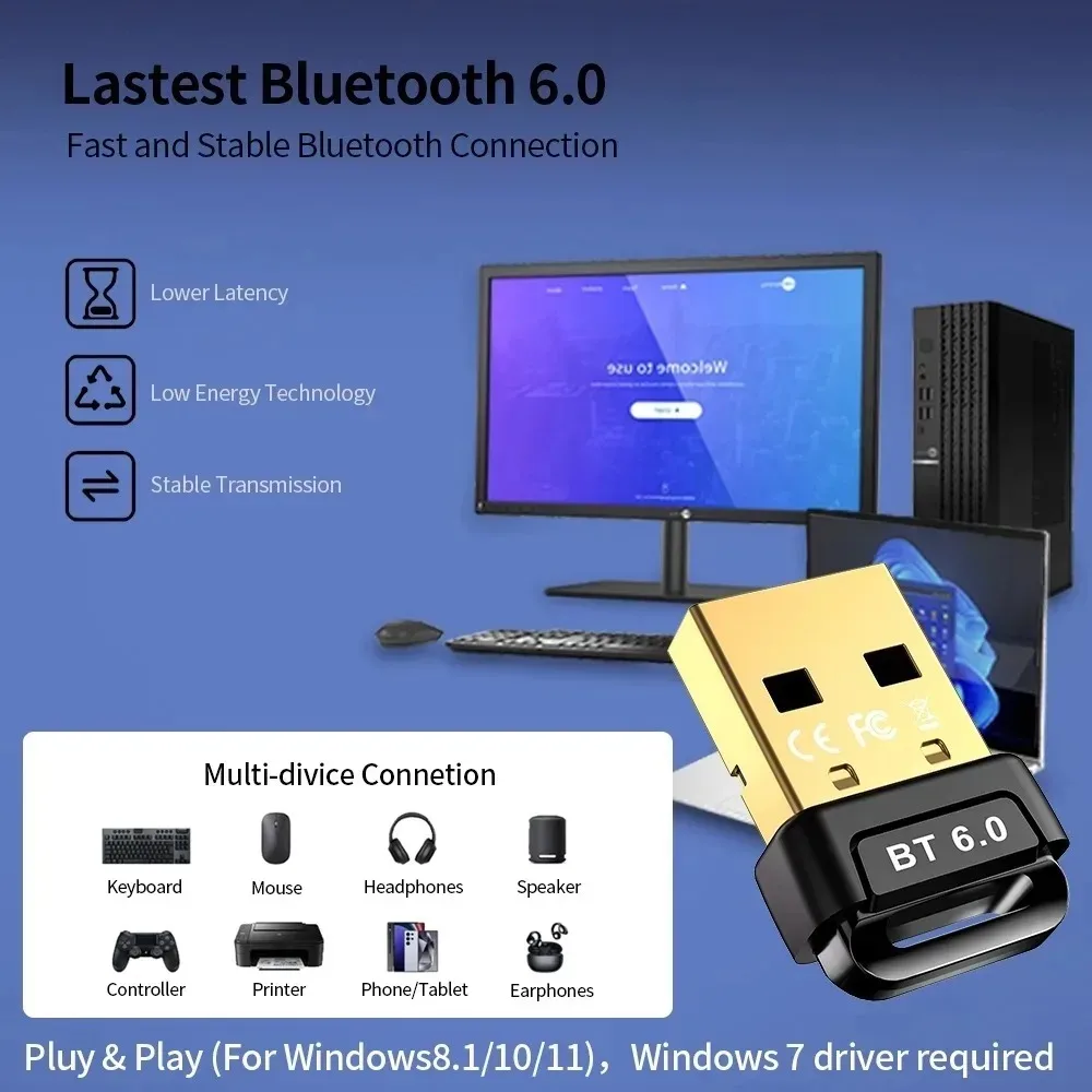 KEBIDU USB Bluetooth Adapter Bluetooth 6.0 Dongle Adapter for PC Windows11/10/8.1 Bluetooth Receiver Transmitter for Keyboard