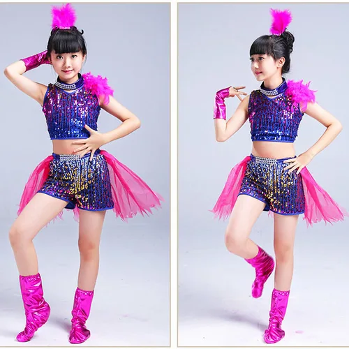 2025 nuevo traje de baile de Jazz con plumas y lentejuelas para niñas, vestido de salón, ropa de baile de Hip-Pop, top moderno con lentejuelas + falda de 110-150cm