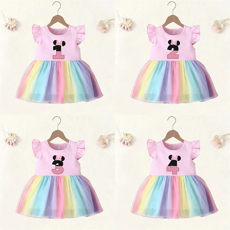 

Baby Girl Clothes 1 2 3 4 Years Birthday Bow Dress Mouse Cute Princess Pink Vestidos Toddler Girls Party Rainbow Mesh Dresses