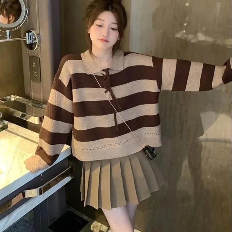 Women Autumn Korean Striped Fashion Appear thin Turn-down Collar Long sleeve Knitwear Ladies trend All-match sweet knitting tops