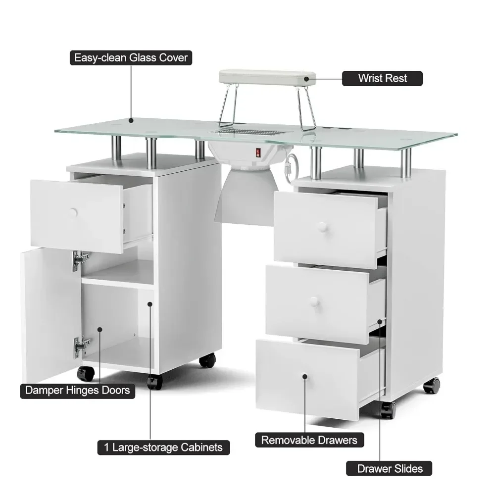 Nail table with glass countertop, foldable armrests, lockable wheels, nail technology storage drawer - white