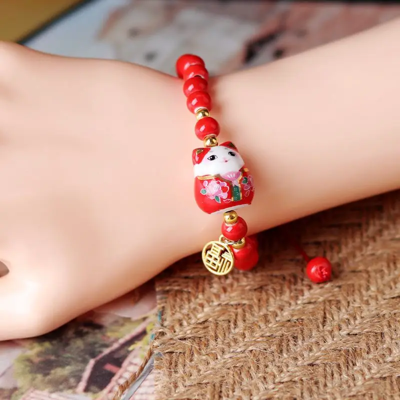 Chinese Style Cute Ceramic Fortune Cat Fu Bracelet Originality Fortune Wish Men Women Red String Bracelet Fashion Jewelry