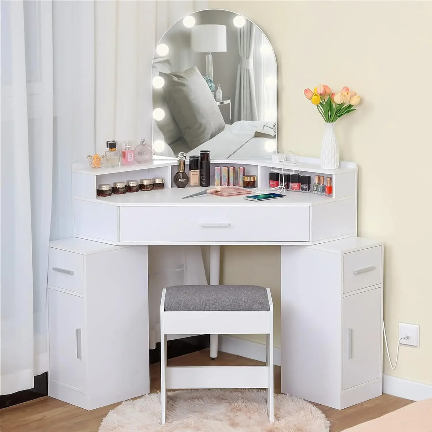 Corner Vanity Desk with Mirror and Lights Makeup Vanity Table with Charging Station 3 Drawers Retractable Side Cabinets Desk