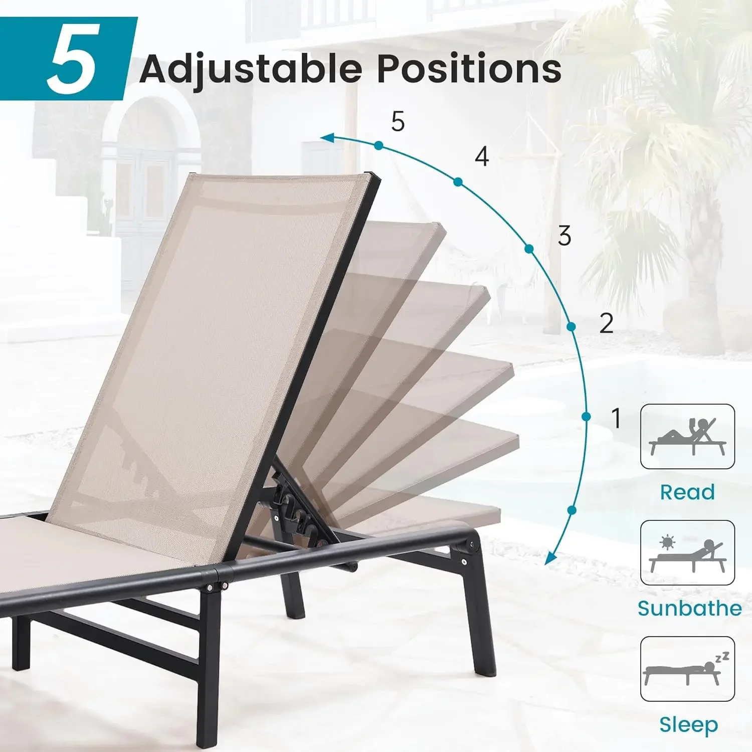 Set of 2 with 5 Adjustable Backrest, No Assembly Required, Lightweight, Foldable, Portable Chair Furniture for Pool, Deck, Lawn