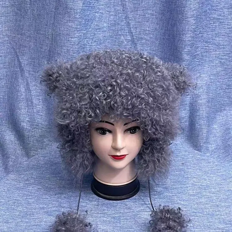 Warme Winter-Tiermotive Mütze aus Lockiger Wolle und Echtem Leder Neuer Stil für Männer und Frauen Gemütliche Echtpelz-Mütze für Kaltes Wetter – Detail 9