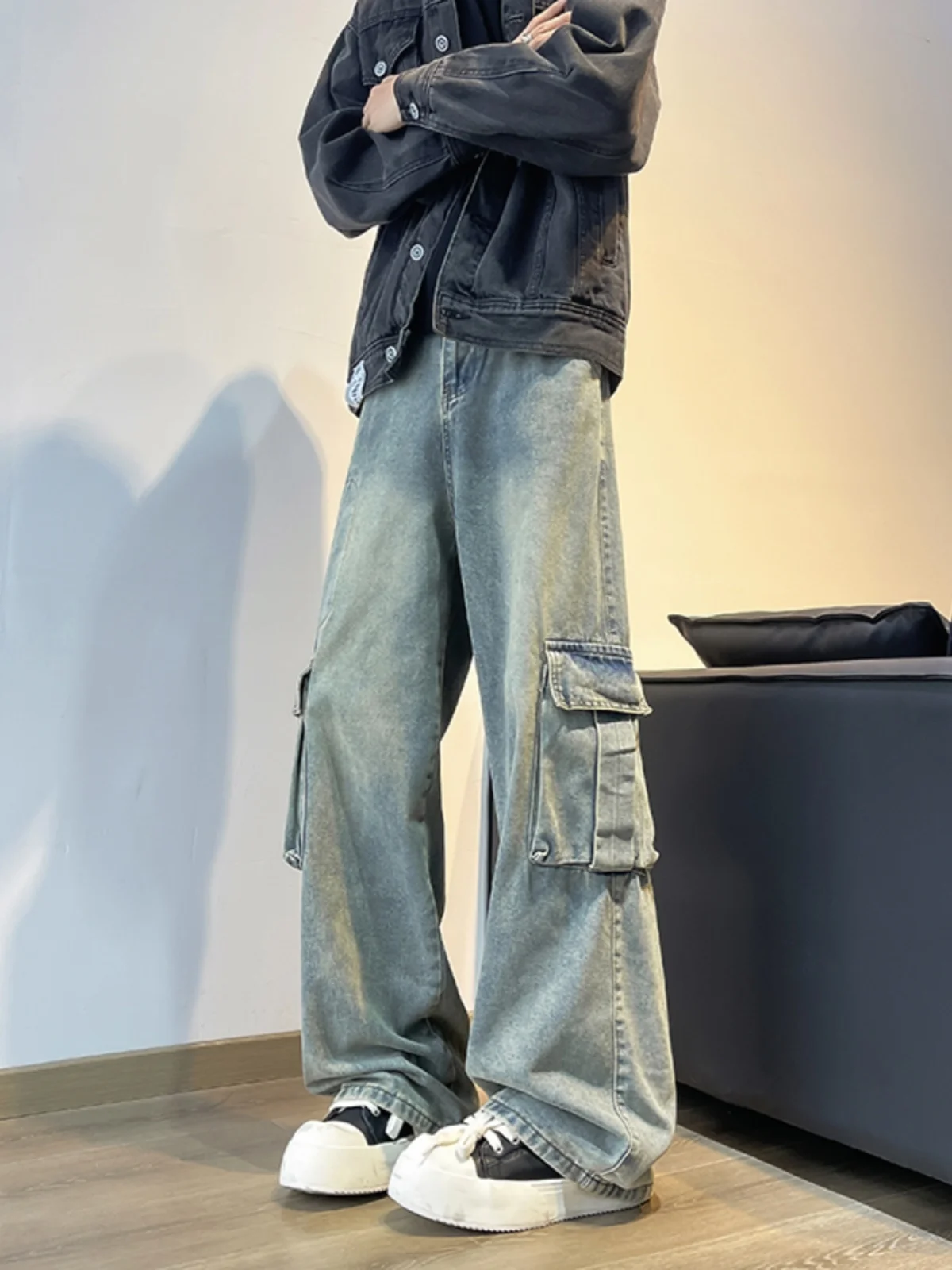 

Мужские джинсы свободного кроя в стиле рабочей одежды с широкими штанинами, винтажные, весна-осень, повседневные, с широкими штанинами, расклешенные