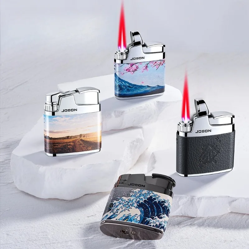 2026 JOBON Windproof Red Flame Lighter, Exquisite Printed Design, One-Key Ignition, Compact Retro Style, Portable Ignition Tool