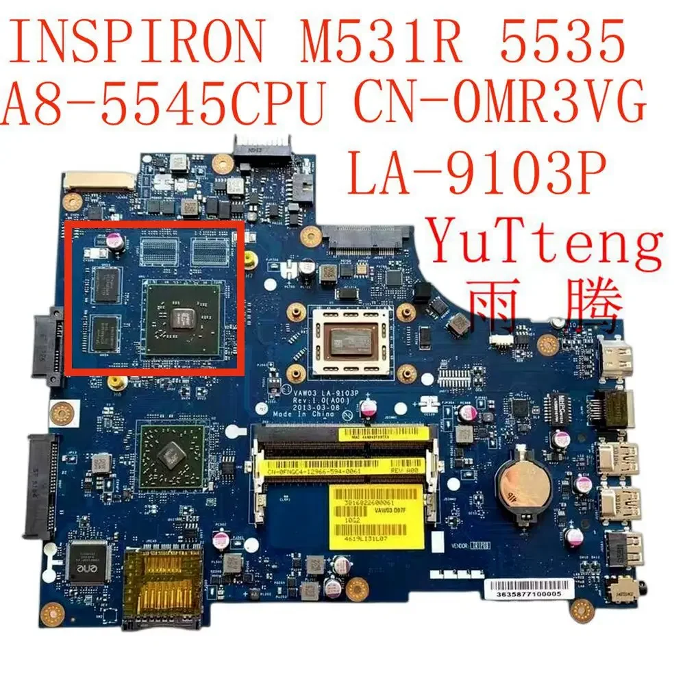 For Dell INSPIRON M531R 5535 laptop motherboard CN-0MR3VG With A8-5545 CPU  LA-9103P original mainboard 100% fully tested