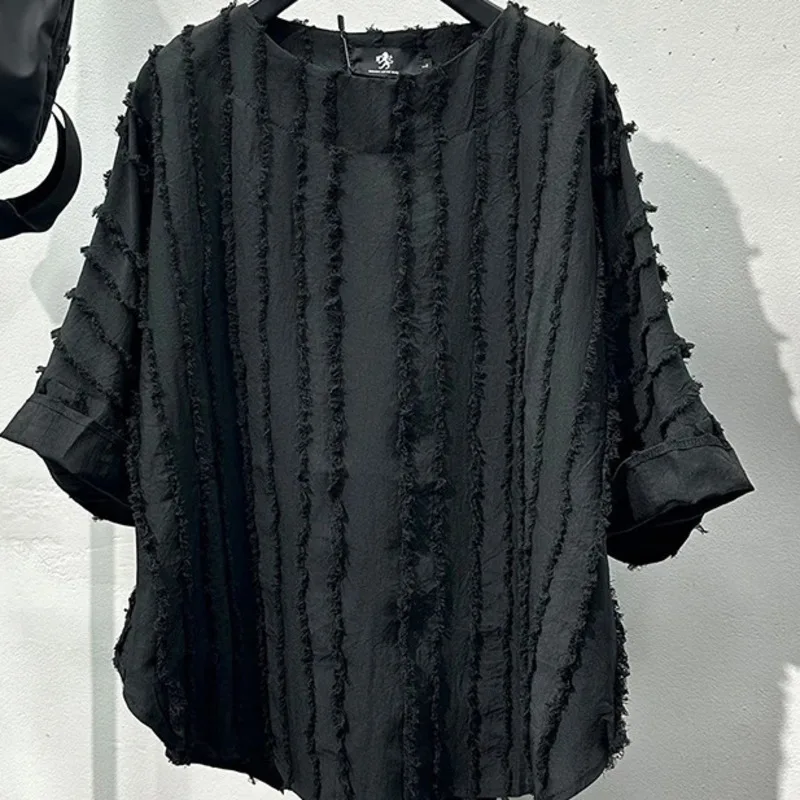 Trendy Men's Short Sleeve T-Shirt Summer Niche Tassel Design Round Neck Solid Color Loose Casual Versatile Men Tees DE56
