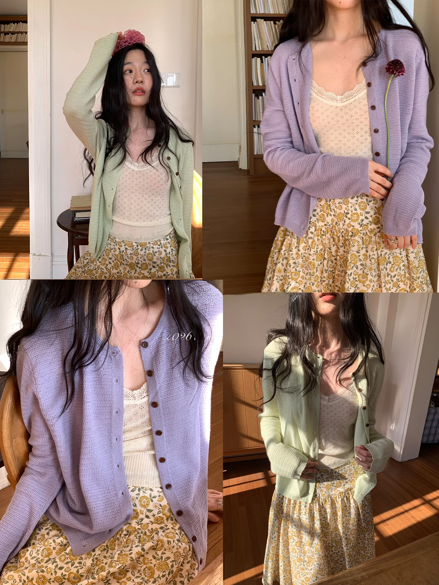 

White Whale Park Watermelon Green And Purple Regular Long Sleeve Knitted Sweater Spring 2026 Paper Yarn Small Open Cardigan