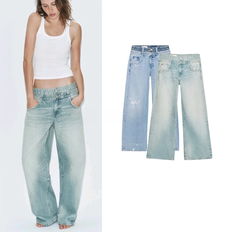 

New Spring Summer Women's Casual Long Double Layer Decorative mid Waist Straight Leg Jeans Polyester Fiber Natural Waist Butt...