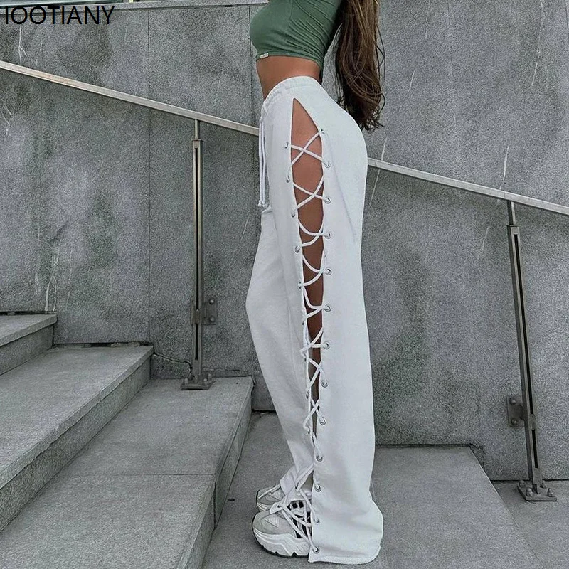 

Female Casual Tie Drawstring Pant Hollow Out Bandage Sweatpants Women's Pants Solid High Waist Side Split Loose Straight Trouser