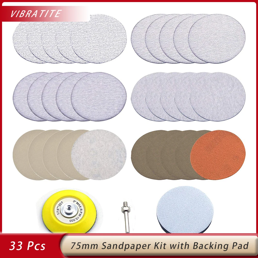 

3 inch Multiple Grits Sandpaper Aluminum Oxide Wet Dry Hook Loop Sanding Discs a Shank Backing Pad Soft Foam Buffering Pad