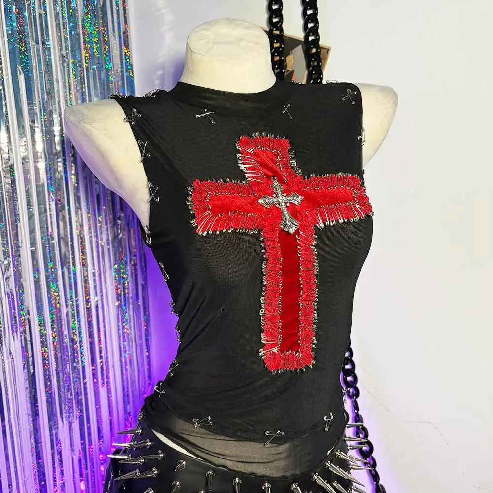 القوطي الصليب ايكو دبوس 90s القوطية تانك موضة إحياء E-الفتيات الجرونج يدوية Harajuku الشرير الصخرة ملابس للنادي Y2K القمم في سن المراهقة ايمو